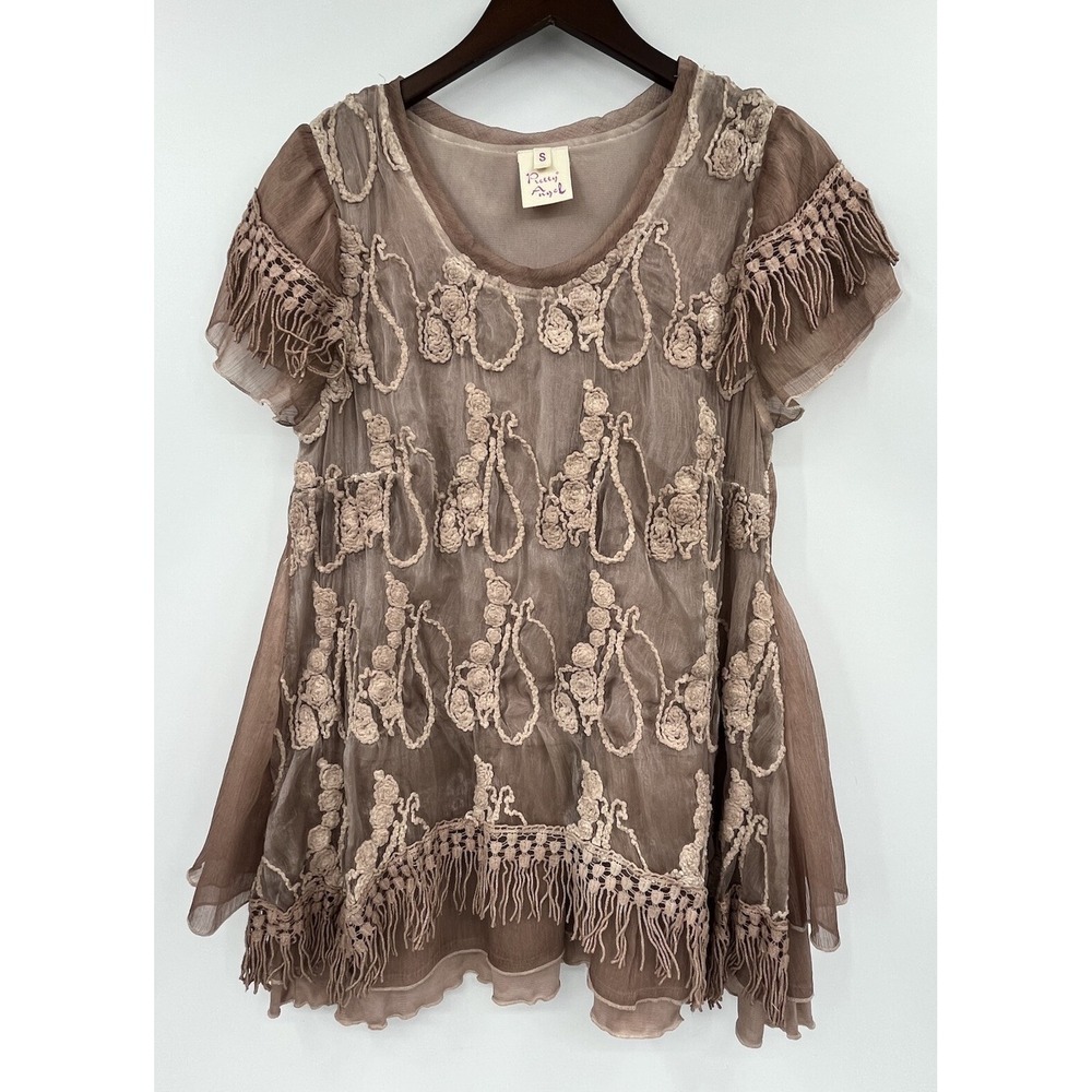 Pretty Angel Tunic Top Small Fringe Short Sleeve Chiffon Ruffle Hem Lined Boho